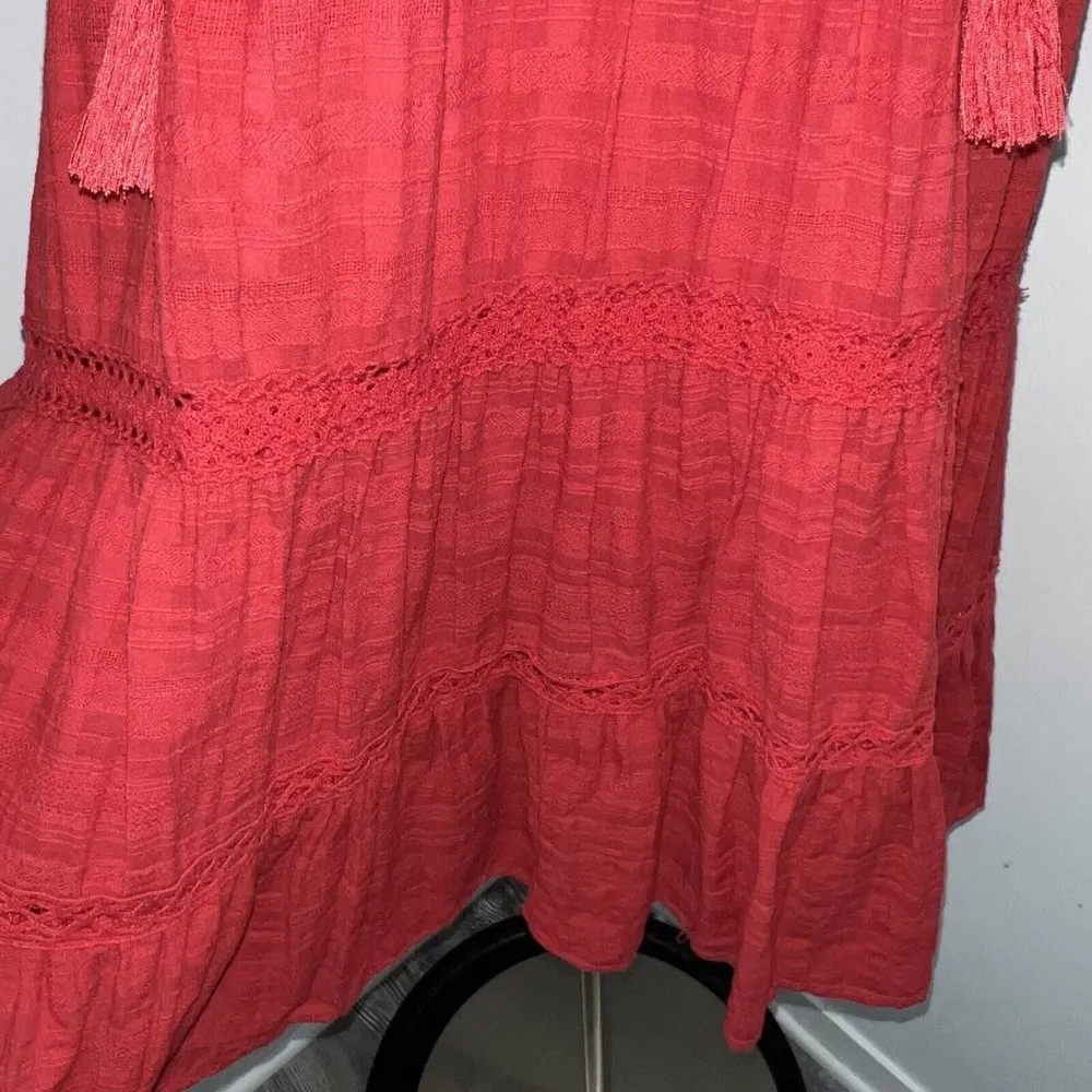 Knox Rose Womens Red Tiered Boho Dress Ruffle Flutter Sleeve Peasant Crochet S - Image 2