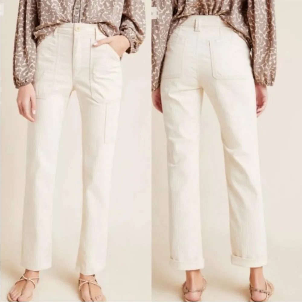 Anthropologie Ivory Cream Shadow Stripe Utility Carpenter Pants Size 30 - Image 12