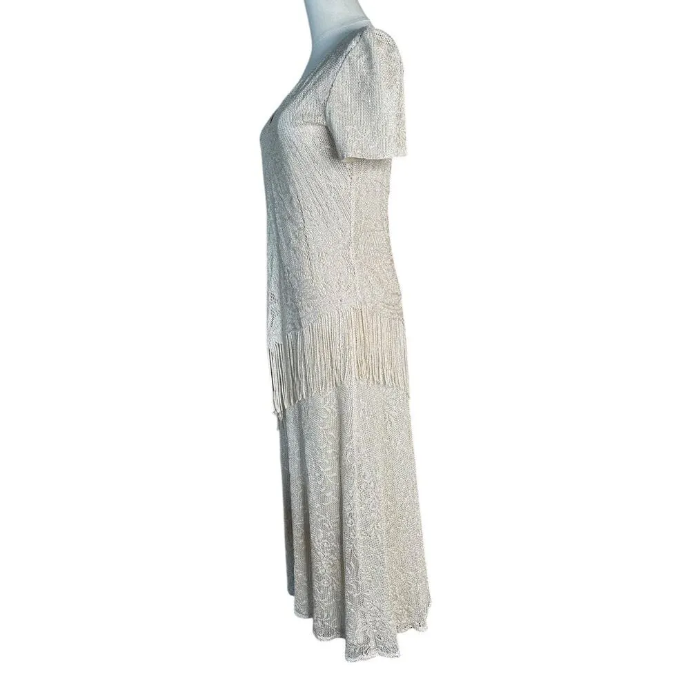 Vtg SL Fashions Cream Gold Lame Sparkly Formal Long Party Dress with Fringe 6 - Image 5