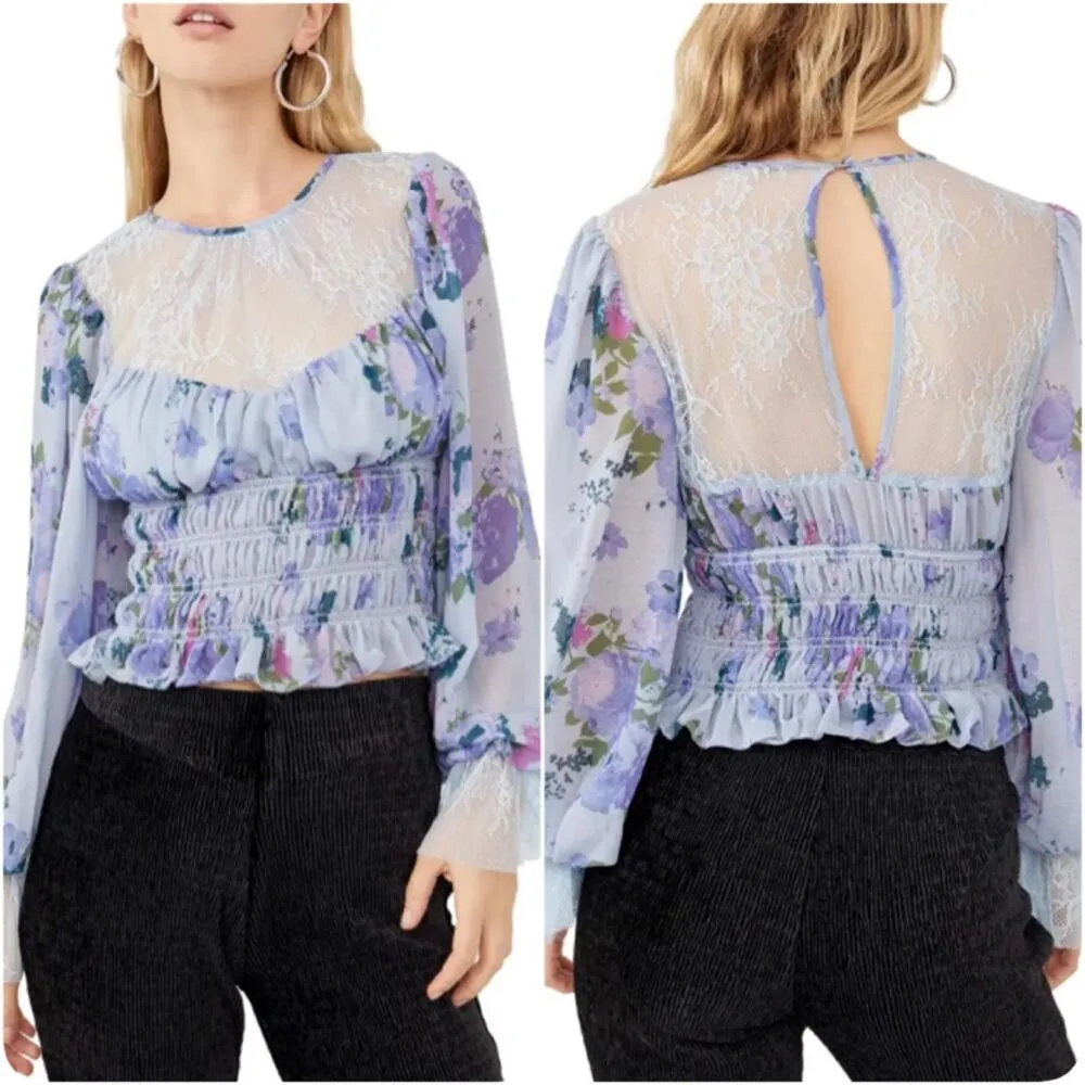 Free People Daphne Silver Blue Combo Lace Floral Print Blouse Size Medium - Image 2