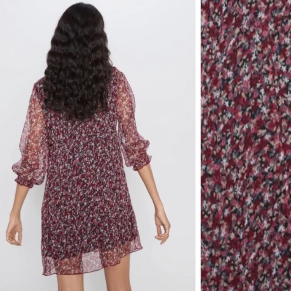 Zara Floral V-Neck Ruffle Chiffon Mini Maroon/Black Long Sleeve Babydoll Dress - Image 7