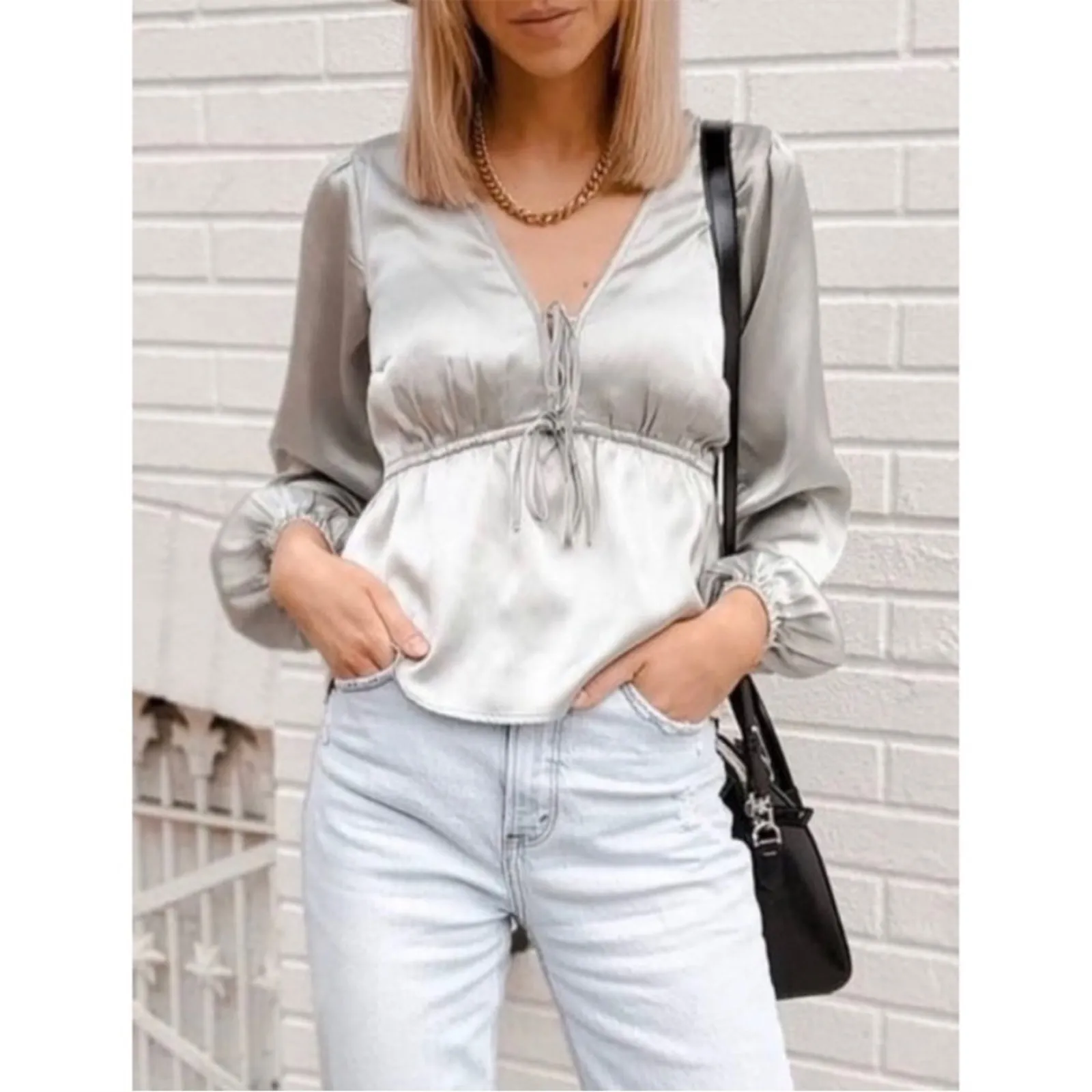 Abercrombie & Fitch Silver Sage Green Tie Front Satin Peplum Blouse SMALL - Image 6