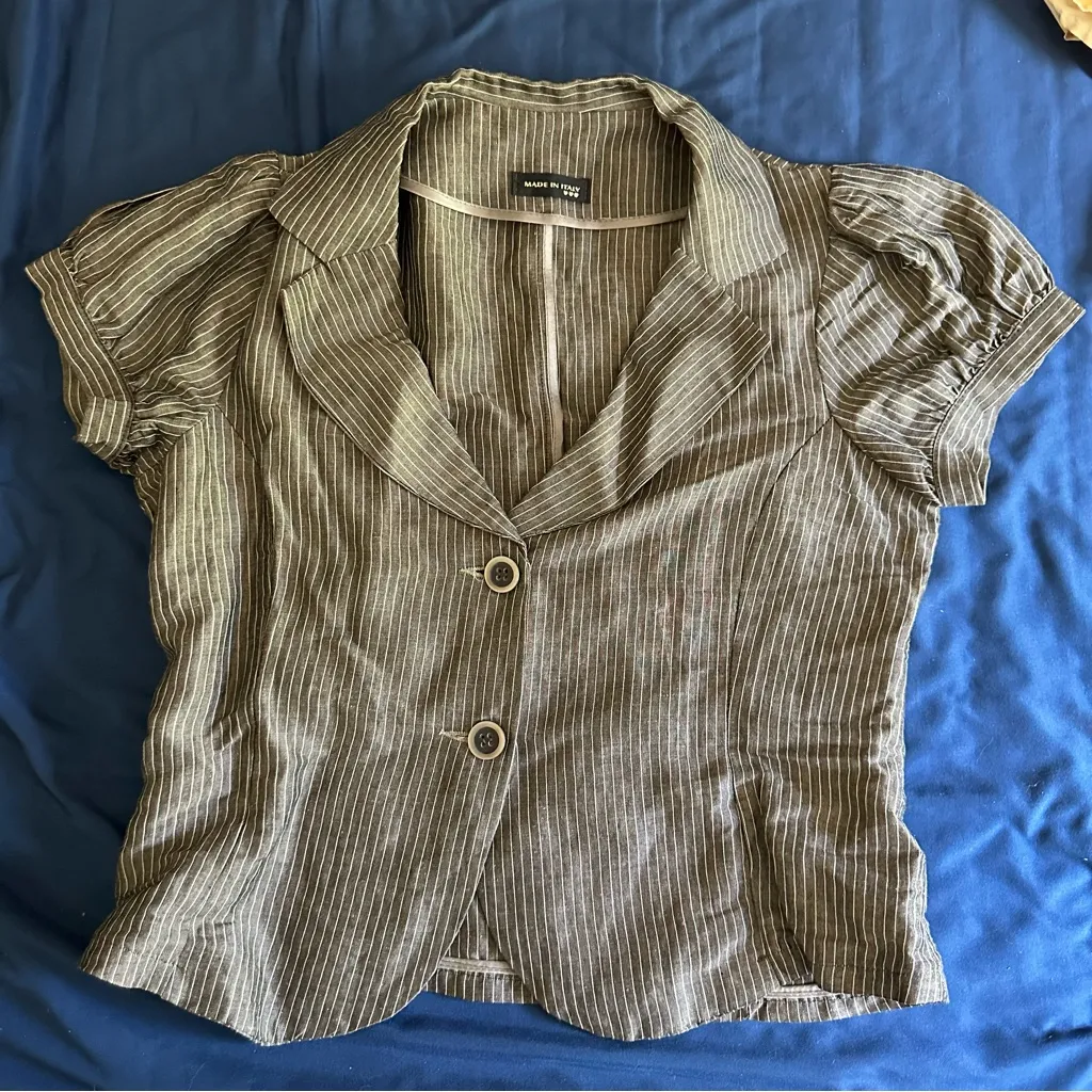 Italian Y2K Brown Pinstripe Short Sleeve Blazer with Puff Sleeves Size L - Image 9