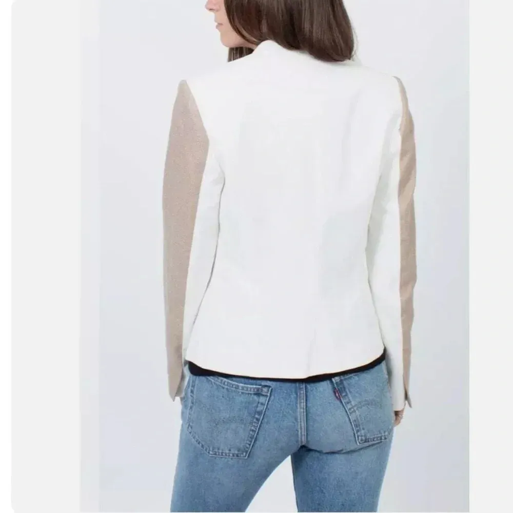 Calvin Klein Womens Linen Blend Khaki White Gold Zipper Pockets Blazer - Image 2