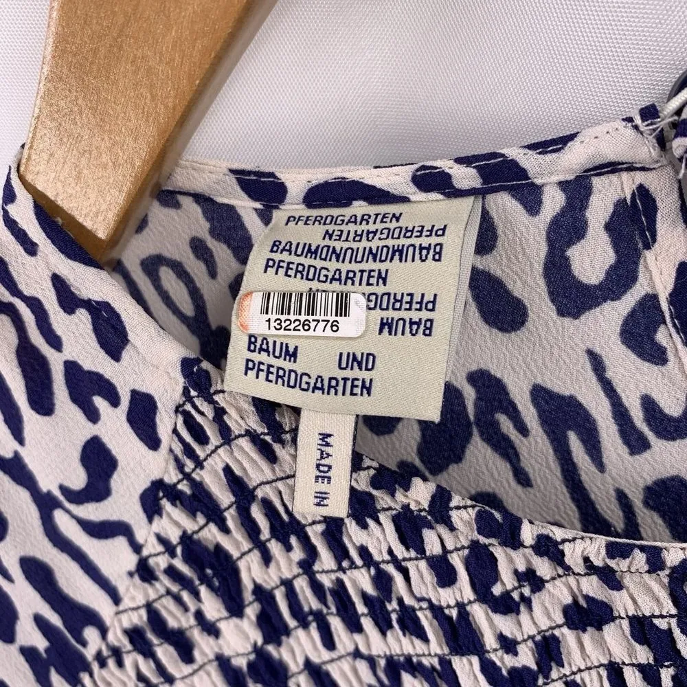 Baum und Pferdgarten ADAMARIS Blue White Leopard Silk Smocked Maxi Dress Size 36 - Image 10