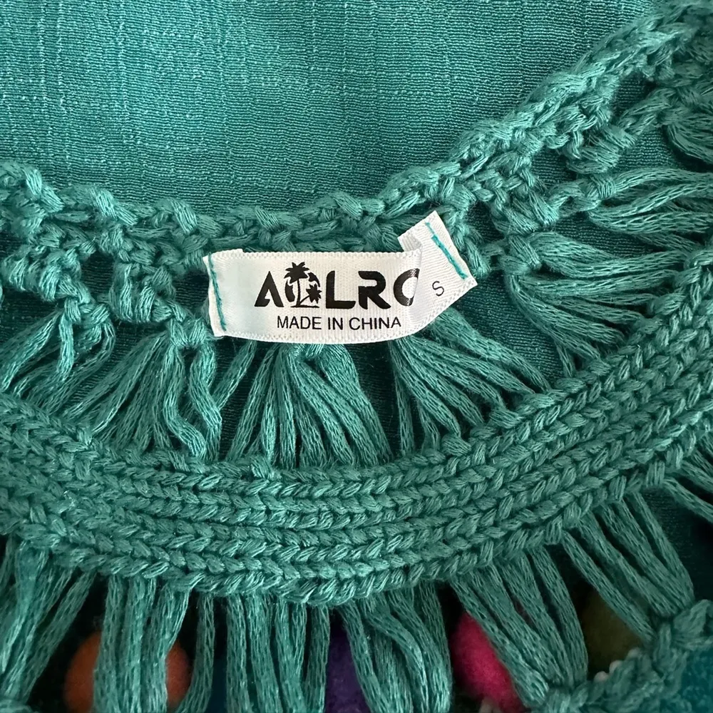 Aolro Teal Crochet Pom Pom Swim Coverup / Dress Size Small Resortcore Fringe Multiple - Image 6