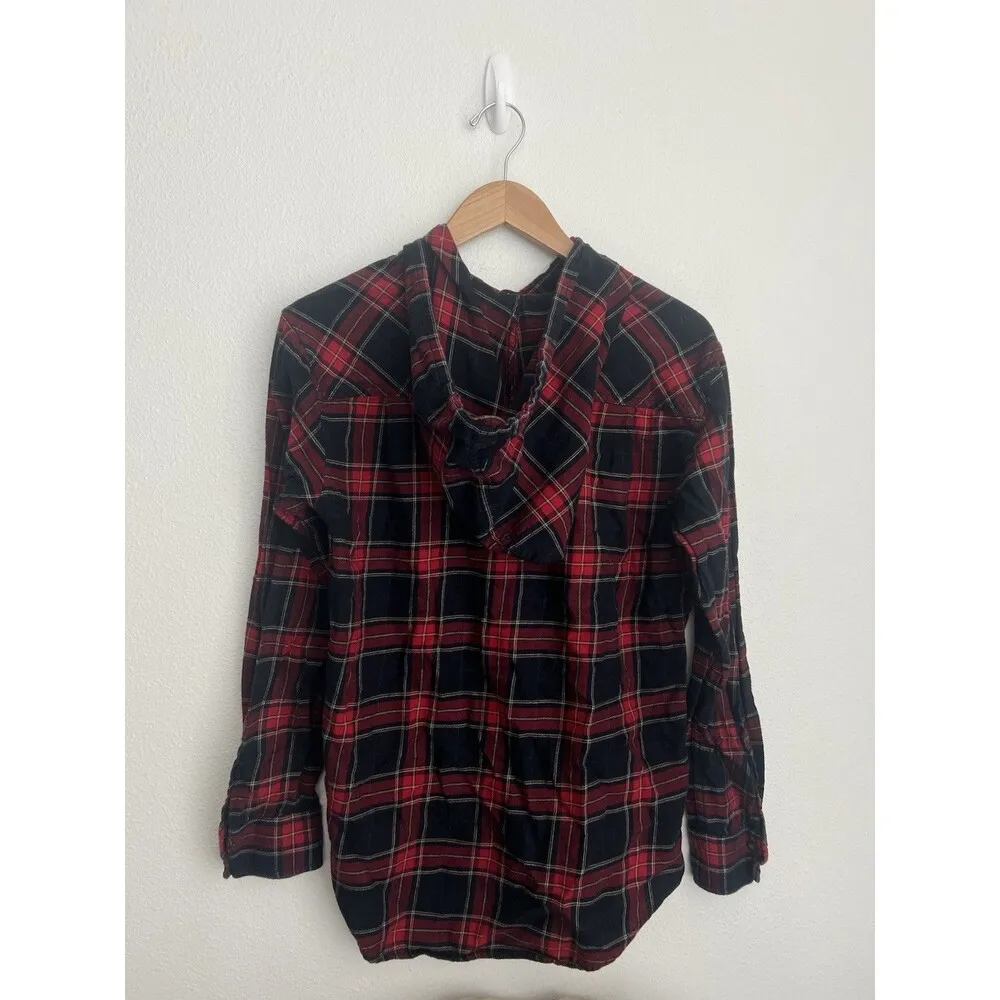 TNA Grunge Gothic Punk Red Black Plaid Button Up Hooded Flannel Shirt Small - Image 3