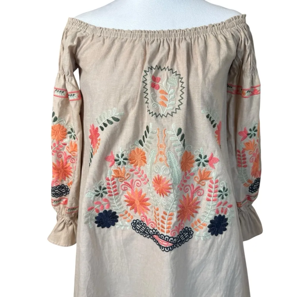 The Impeccable Pig Dress Womens S Beige Embroidered Flower Off the Shoulder Boho - Image 2
