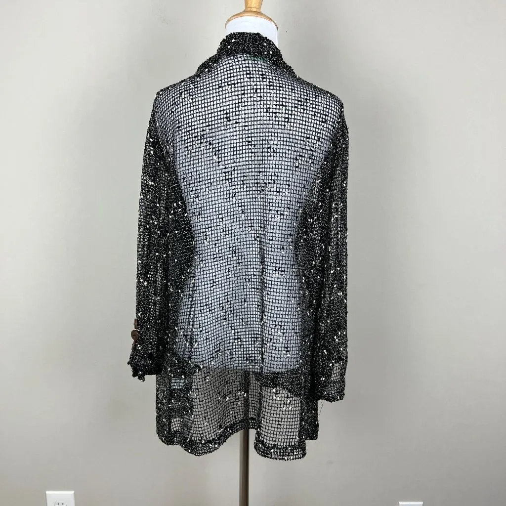 Lulu‎ B Cardigan Womens Large Black Tweedy Open Net Knit Beachy Draped Lagenlook - Image 8