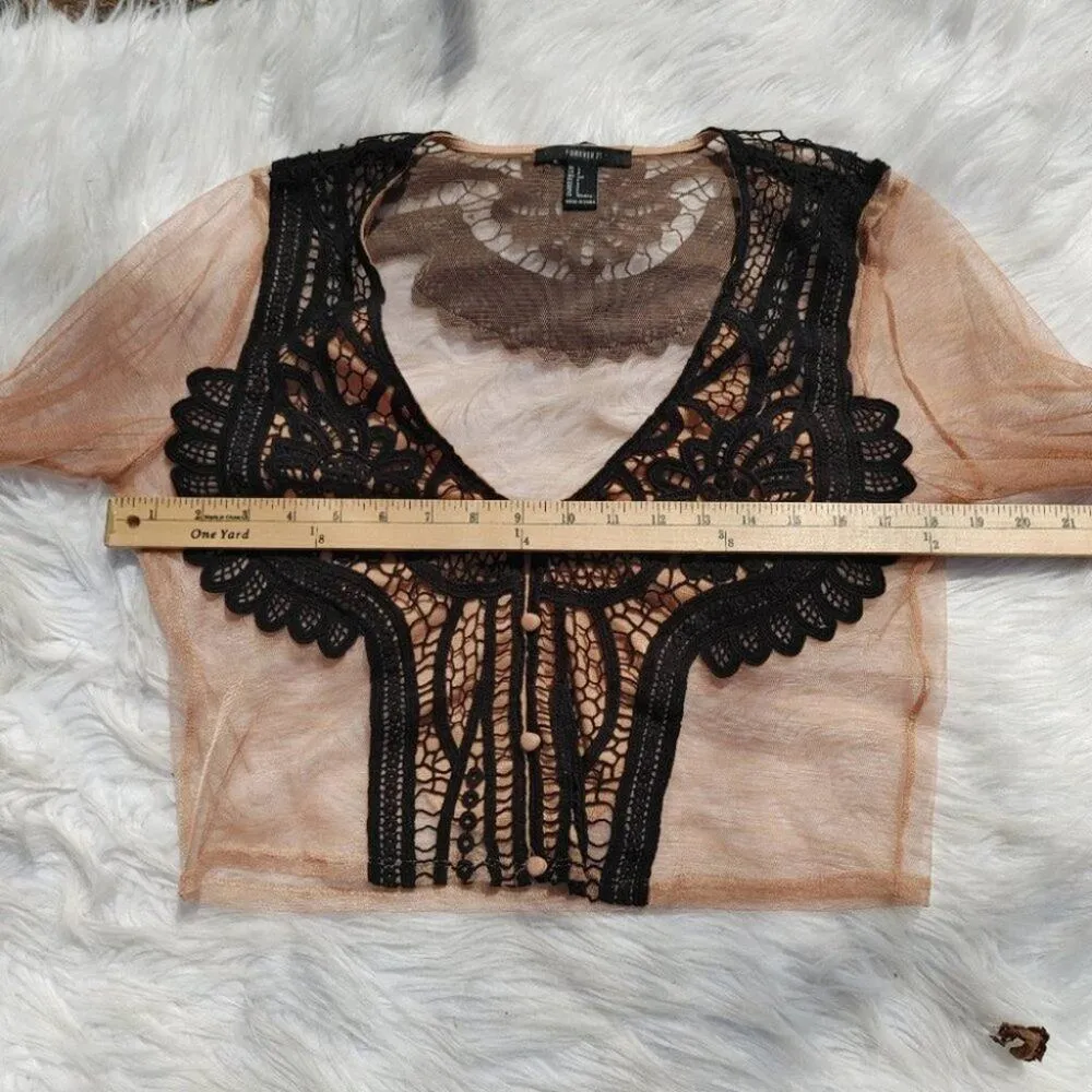 Forever 21 Size Small S Sheer Light Carmel Brown Black Cropped Crochet Festival - Image 6