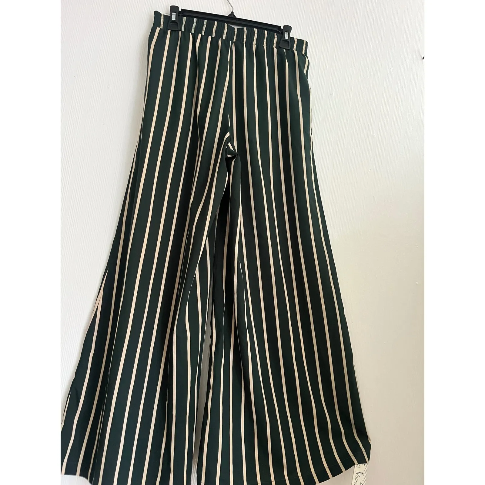 Striped Wide Leg Palazzo Pants, Green & Cream Vertical Stripes, Flowy - Image 6
