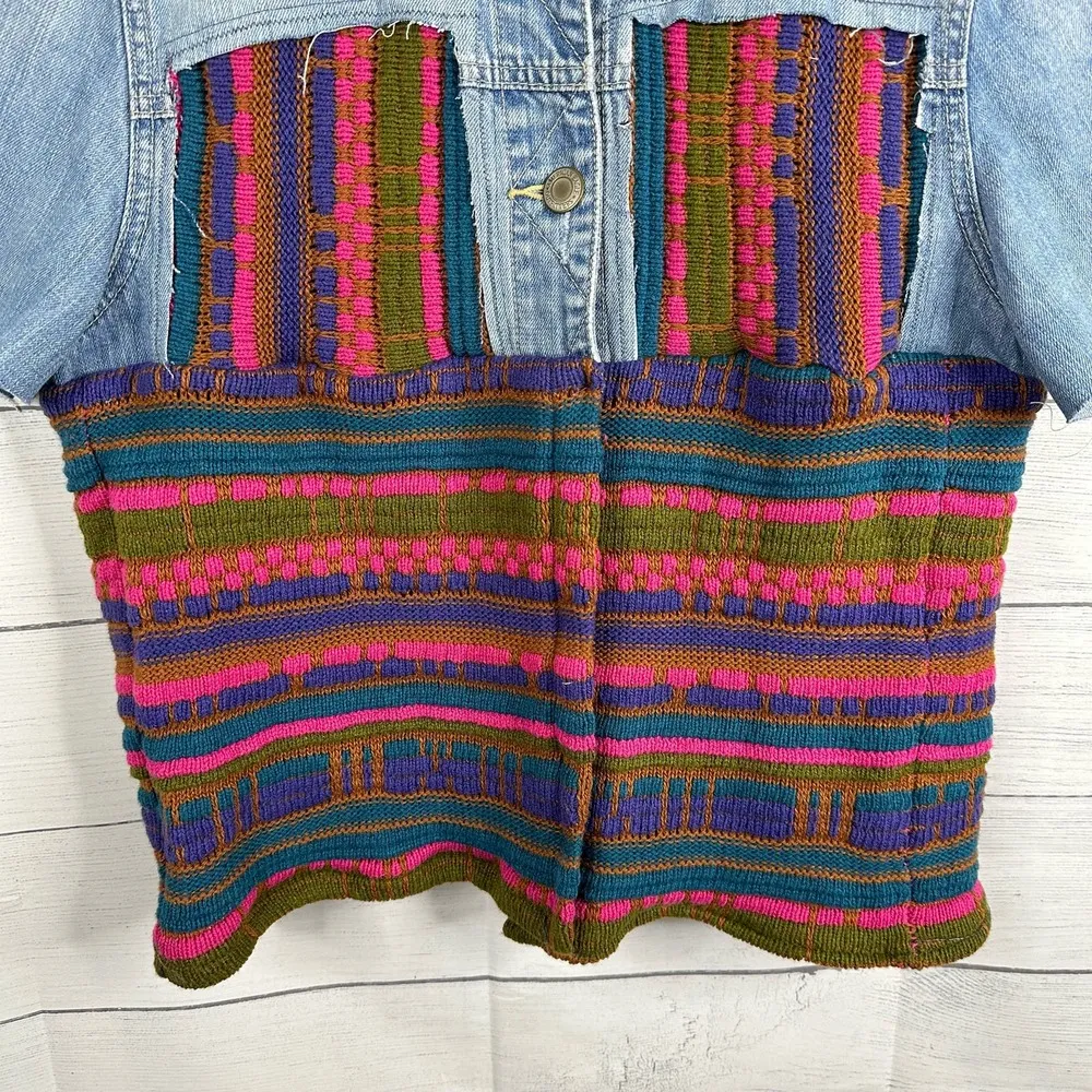 Vintage Womens size XL Handmade Reworked Denim Jean Knit Cardigan Jacket - Image 4