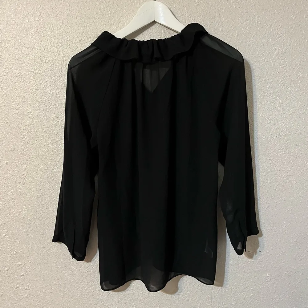 LOFT Ruffle High Neck 3/4 Sleeve Top Size M Button Down Black Sheer‎ - Image 2