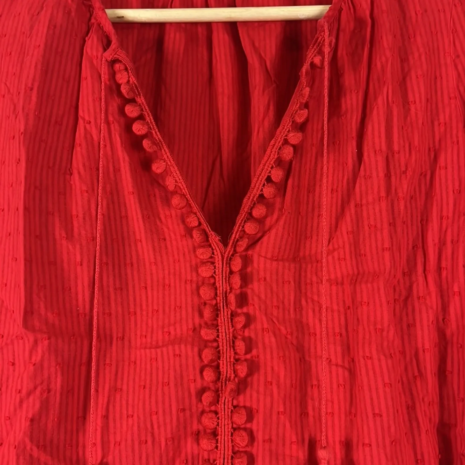 Madewell Peekaboo Pom Pom Top Womens S Red Split Sleeve Boho Cotton Festival - Image 4