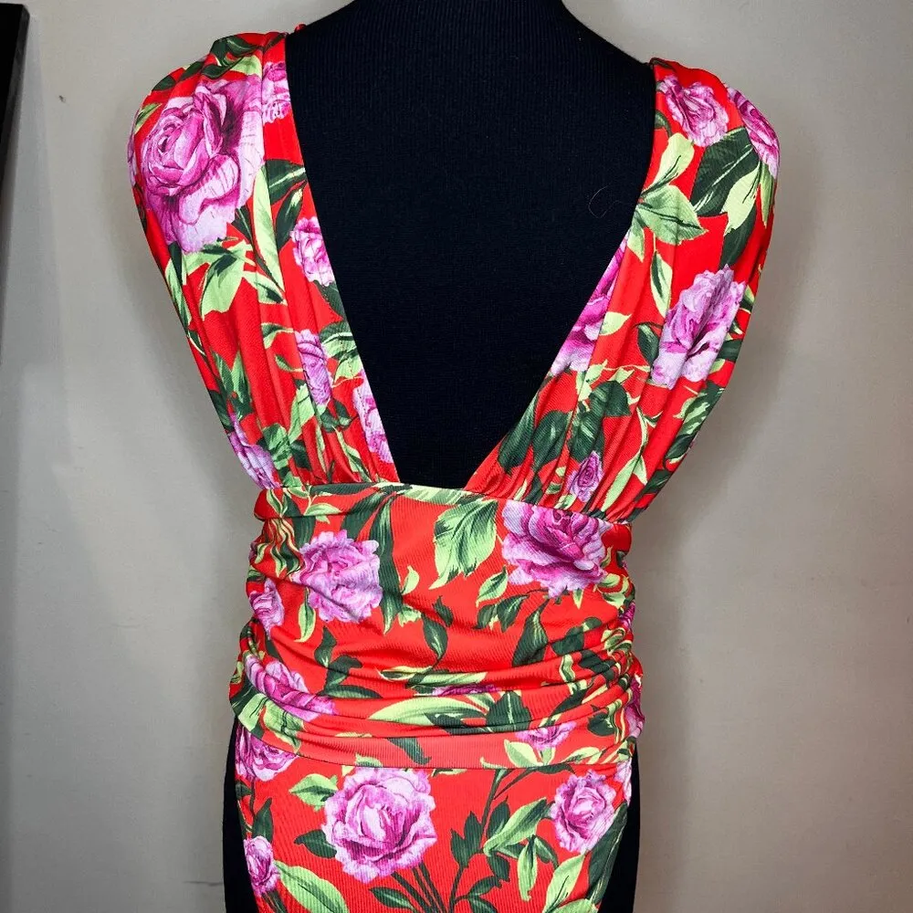 Zara Orange Draped Floral Bodysuit Deep V  SZ M Vacation Beach Hawaii GNO Sexy - Image 6