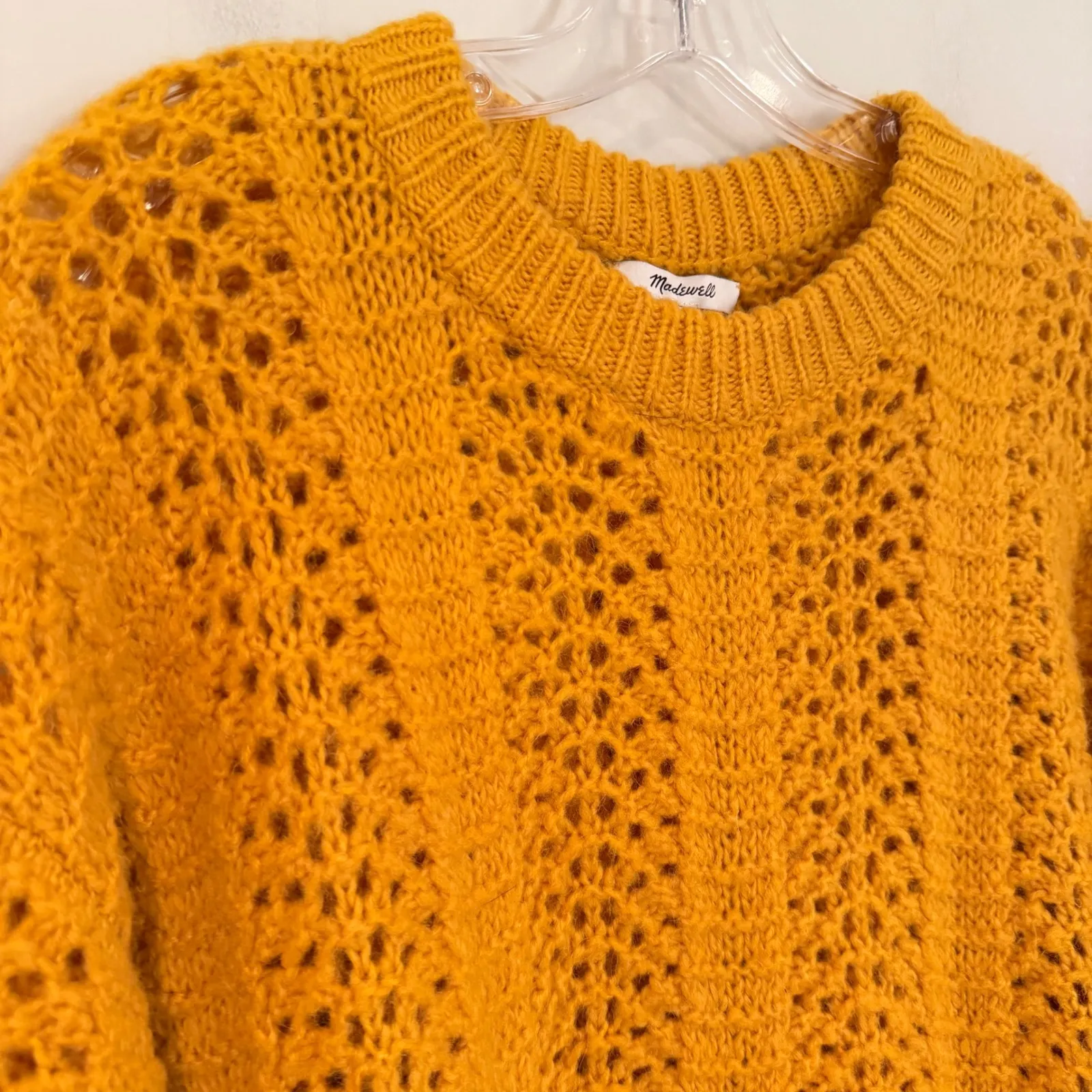Madewell Windemere Pointelle Pullover‎ Open Knit Sweater Women's Medium Mustard - Image 6