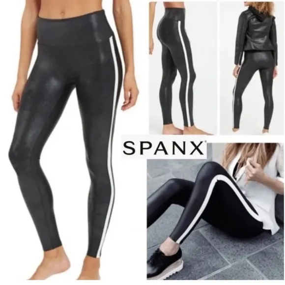 Women’s SPANX Faux Leather Leggings Tummy Control With Side Stripe - Image 2