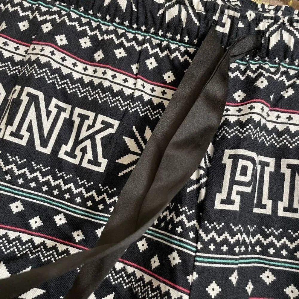 PINK Victorias Secret Black White Holiday Snowflake Pajama Pants, S NWT - Image 3