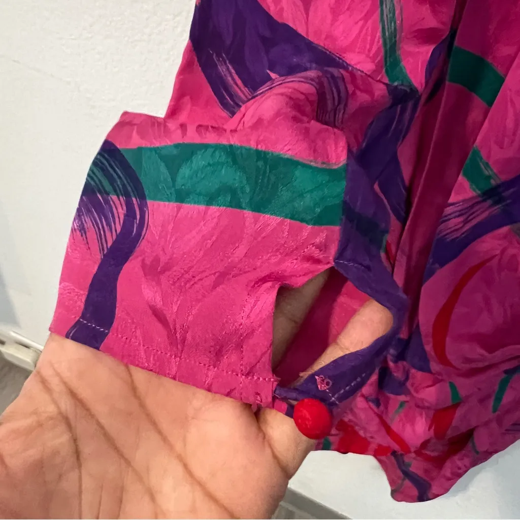 Flora Kung Vintage Silk Jacquard Floral Print Faux Wrap V Neck Midi‎ Dress Pink Size 4 - Image 12