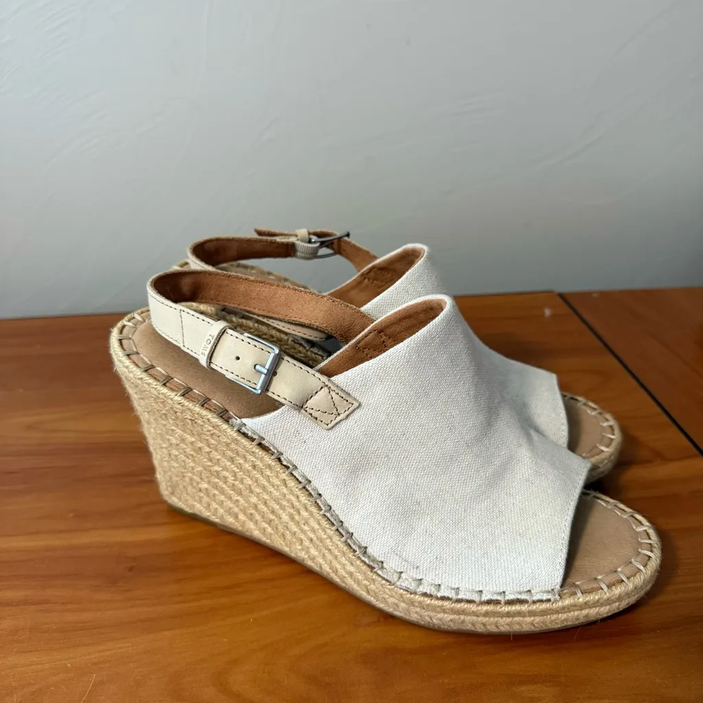 Toms Monica Espadrille Wedge Canvas Peep Toe Slingback Sandal‎ Natural Oxford 10 - Image 4