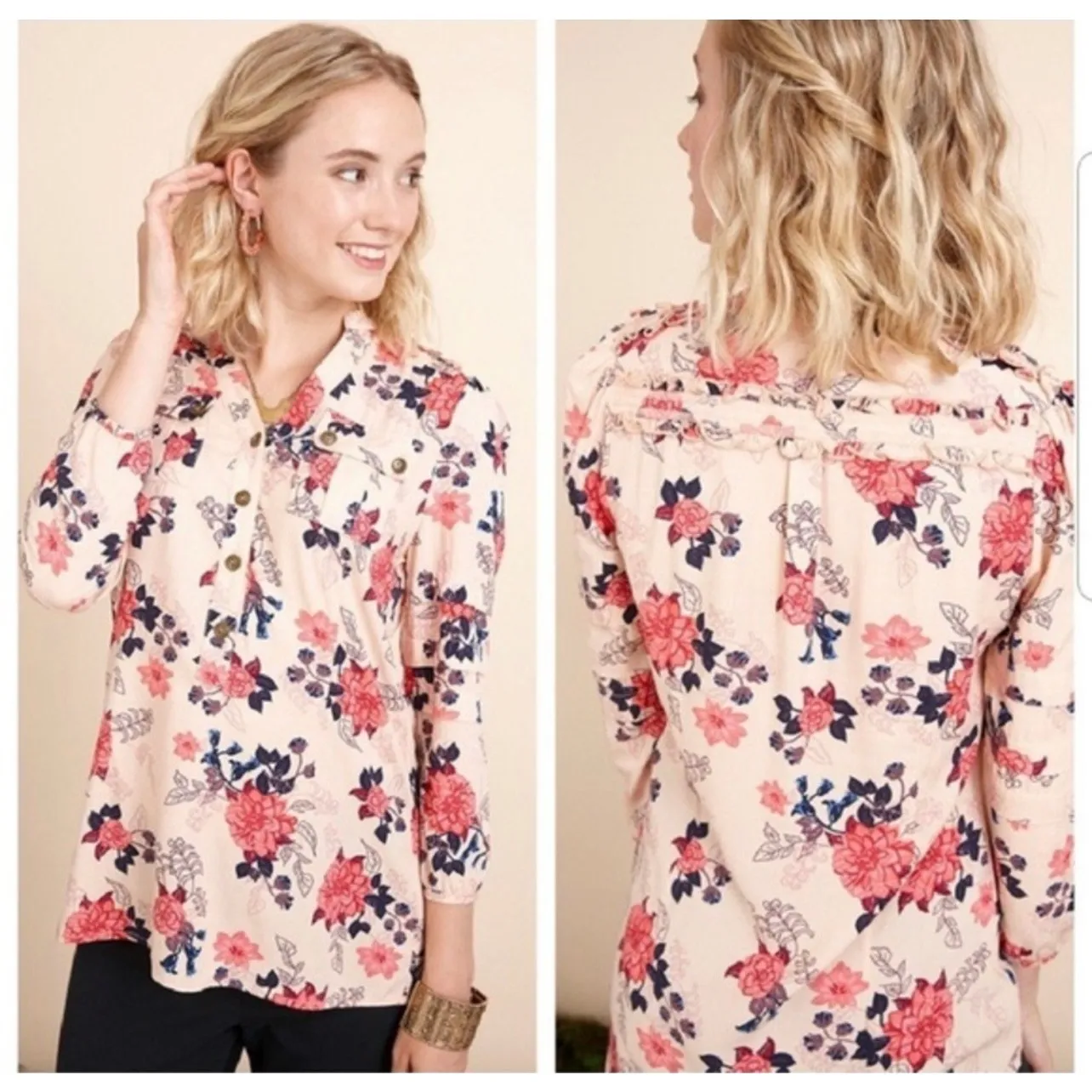 Matilda Jane Size S Top Peach Floral Ruffle Livery Millie Blouse Button Front - Image 2