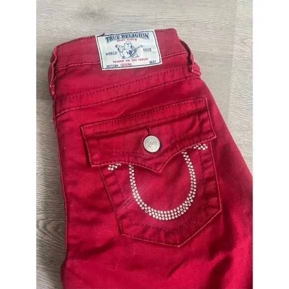 True Religion Swarovski Crystals Logo Leggings Red Skinny Jeans Size 26 - Image 2