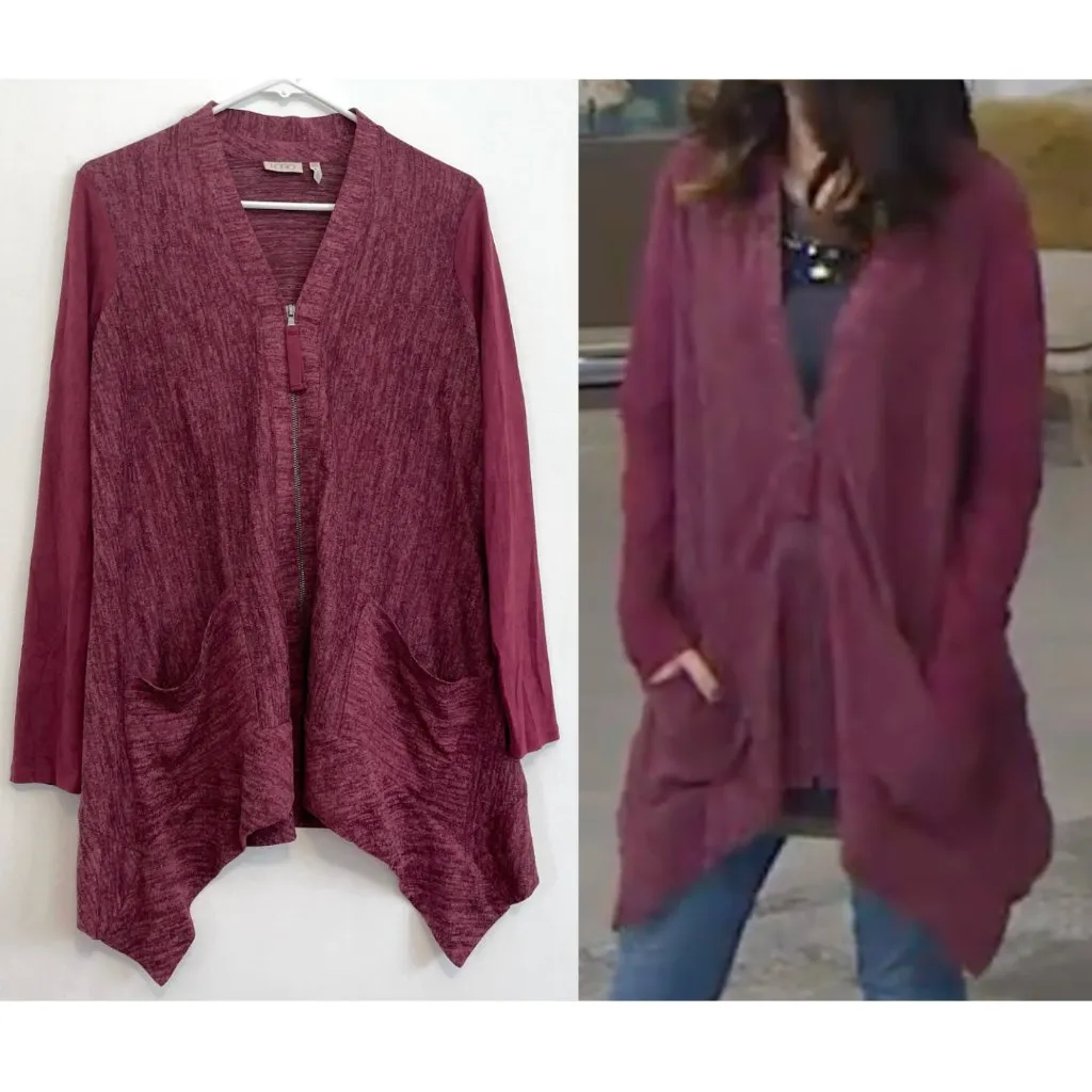 LOGO BY LORI GOLDSTEIN Knit Cardigan with Faux Suede Details Berry Pink Sweater - Image 2