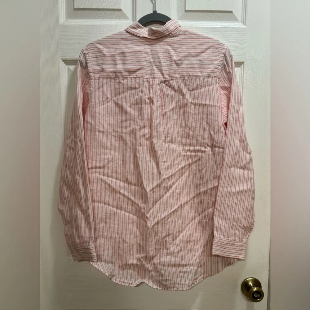 GAP Linen Boyfriend Fit Long Sleeve Button Up Shirt White Orange Stripe Size Sm - Image 2