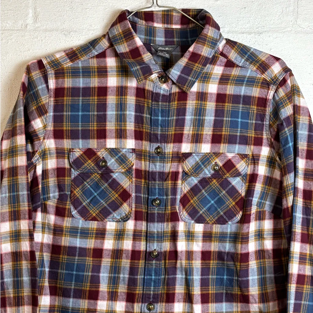 Eddie Bauer Fall Chic Woman’s Button Up Casual Plaid Cotton Shirt Size Medium - Image 2