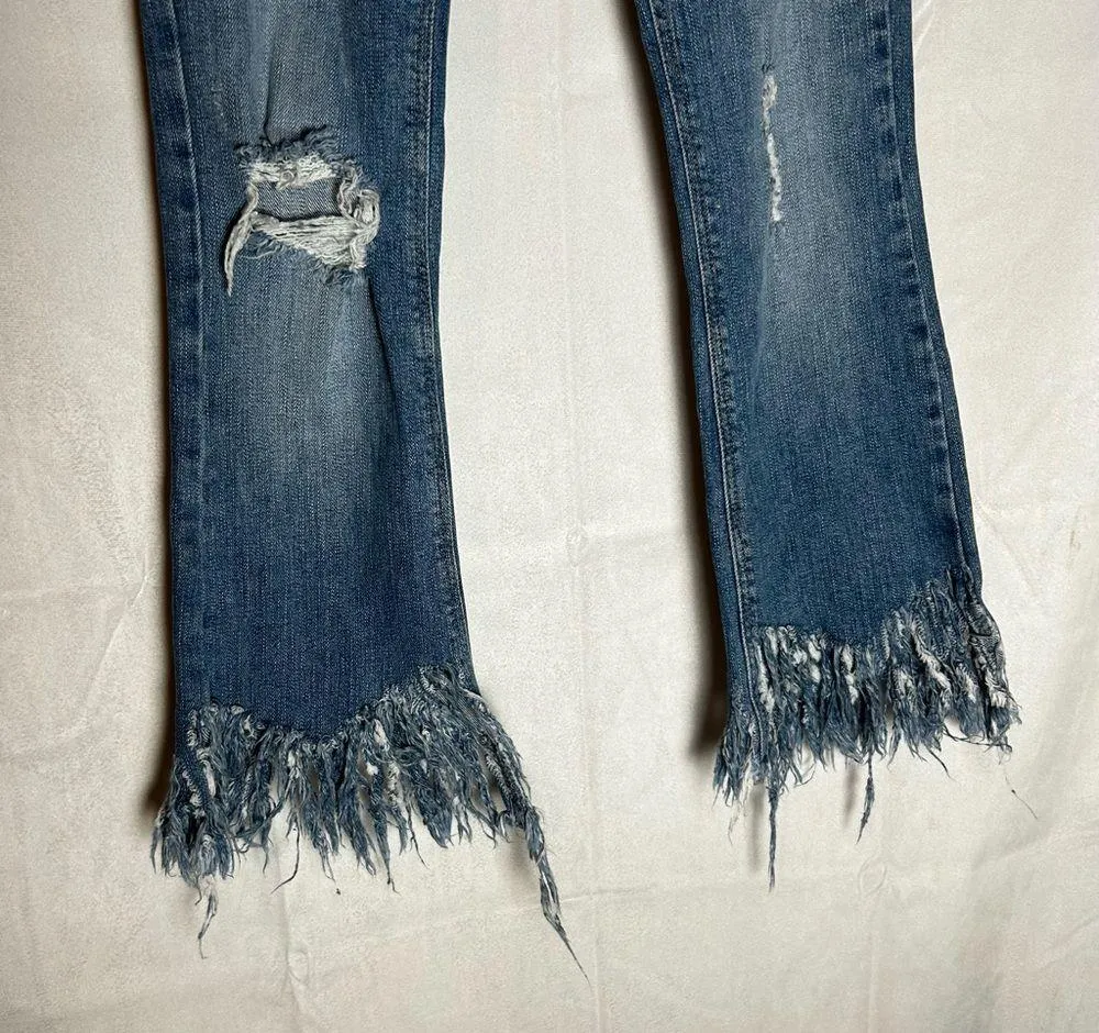 Zara Embroidered Floral Patch Raw Fringe Hem Distressed Denim Bootcut Jeans 00 - Image 7