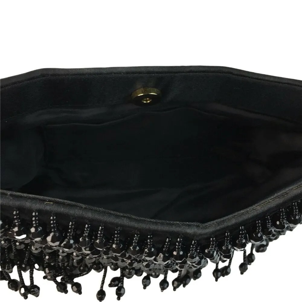 Little Black Formal Evening Purse Beaded Handbag Fabric 8.5 x 3.5 With Handle u - Image 5