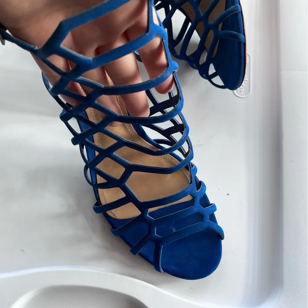 Schutz Azure Blue Jaden Cage Block Heel Nubuck Sandals Women’s 10M - Image 8