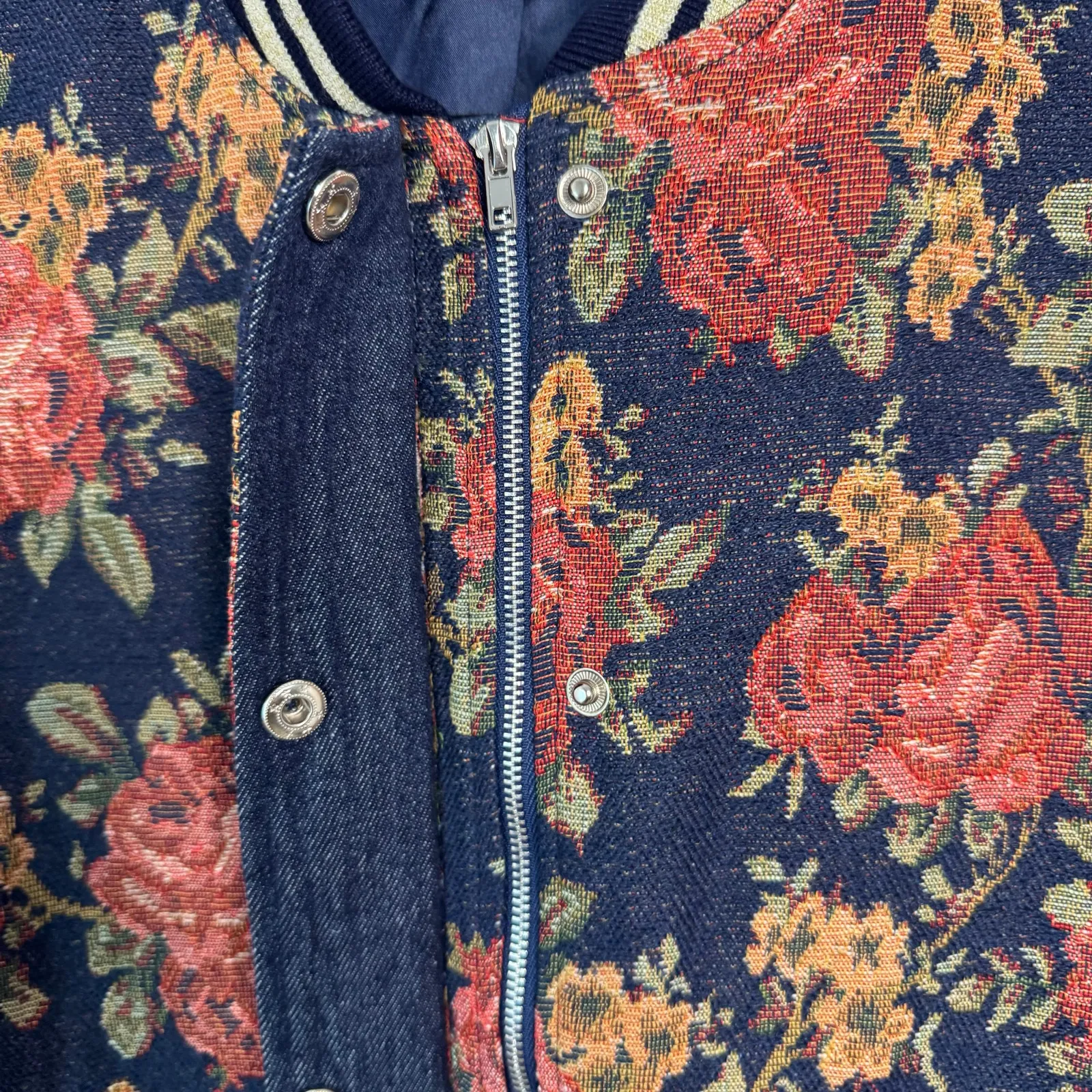 JOA Long Sleeve Floral Bomber Jacket Zip Up Navy Blue Lined Pockets Womens M Size M - Image 5