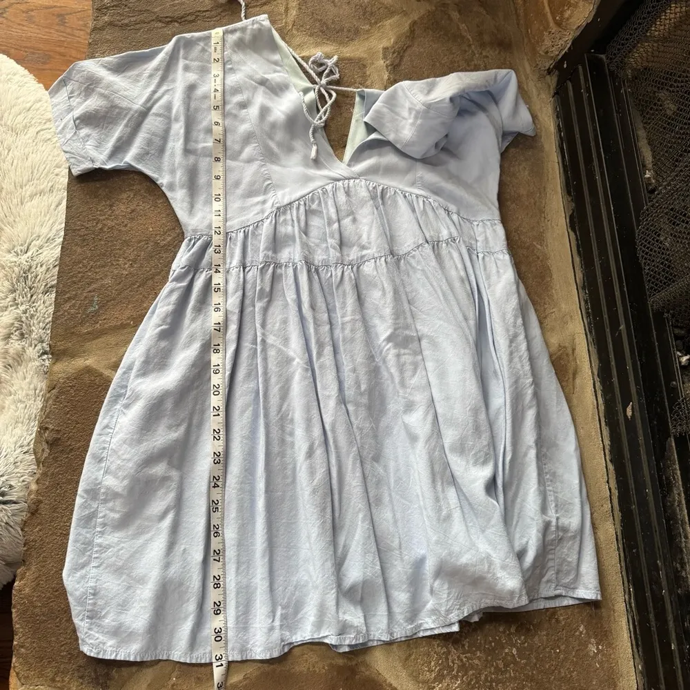 Blue chambray tiered ruffle V-Neck mini Dress spring boho festival - Image 6