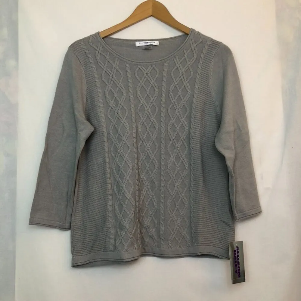 NEW NWT ALLISON DALEY Gray Grey Cable Knit 3/4 Sleeve Cotton Sweater PETITE - PS - Image 2