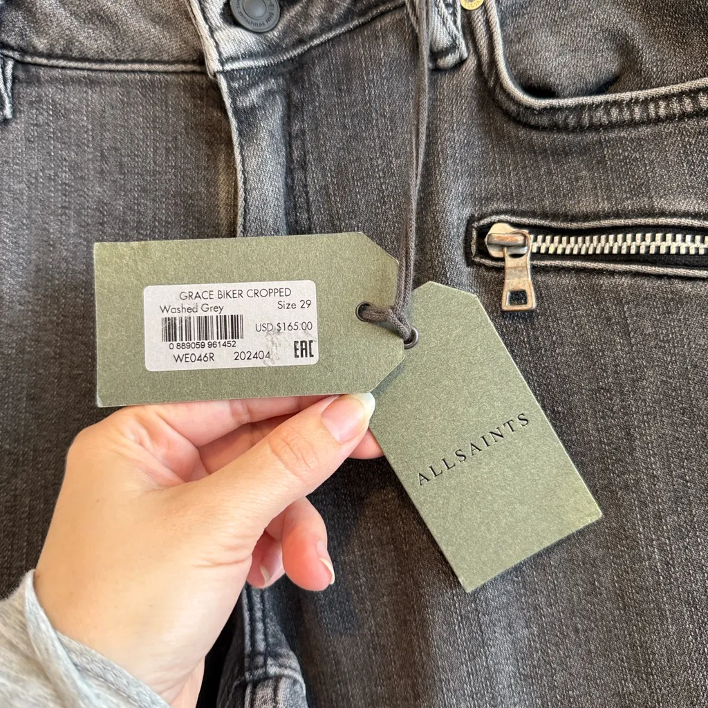 NEW All Saints Grace Biker Cropped Mid-Rise Washed Grey Skinny Jeans, 29 - Image 6