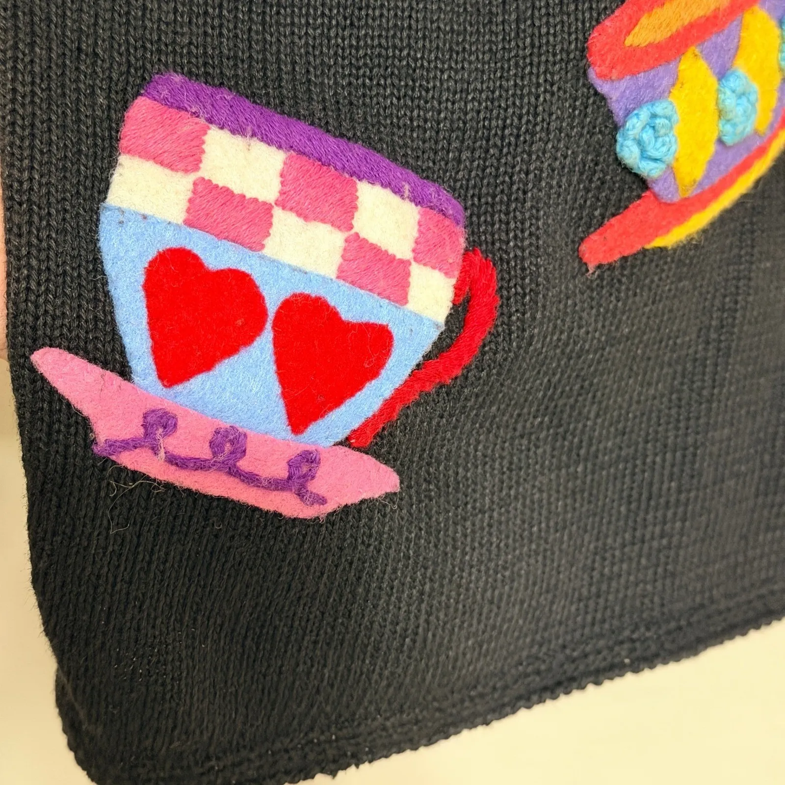 Michael Simon Black Knit Dress Embroidered Teacups Flowers Whimsical Size Small - Image 6