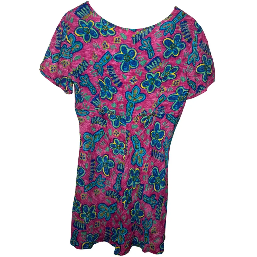 Big Hed Designs Dress S Vintage Women 90's Floral Midi Pink Blue Floral Cartoon - Image 2