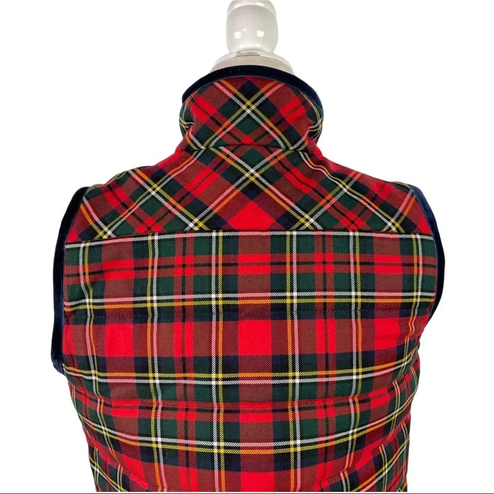 J. Crew Tartan Plaid Mountain Puffer Velvet Trim Vest Red Green Size Small H2712 - Image 10