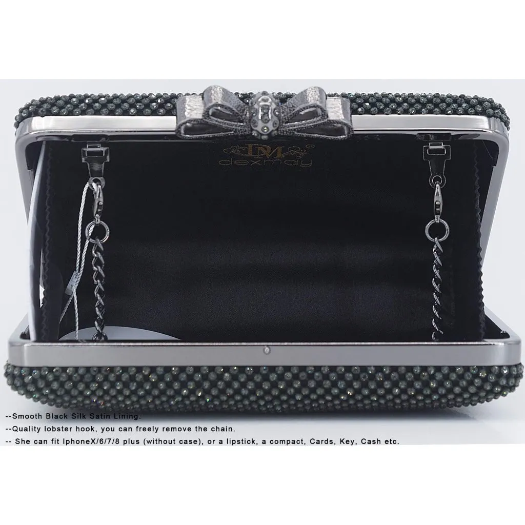 ⚡ Women's Rhinestone Crystal Bow Clasp Metal Chain Evening Black Clutch Handbag - Image 5