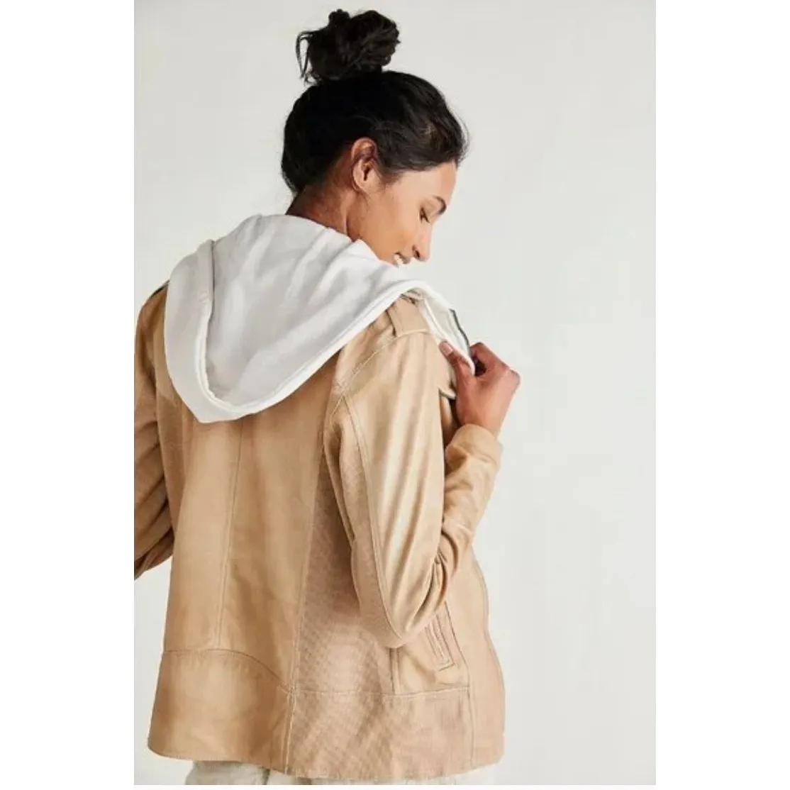 Jakett Hannah Patina Leather Jacket With White Hood Tan Size XS - Image 3