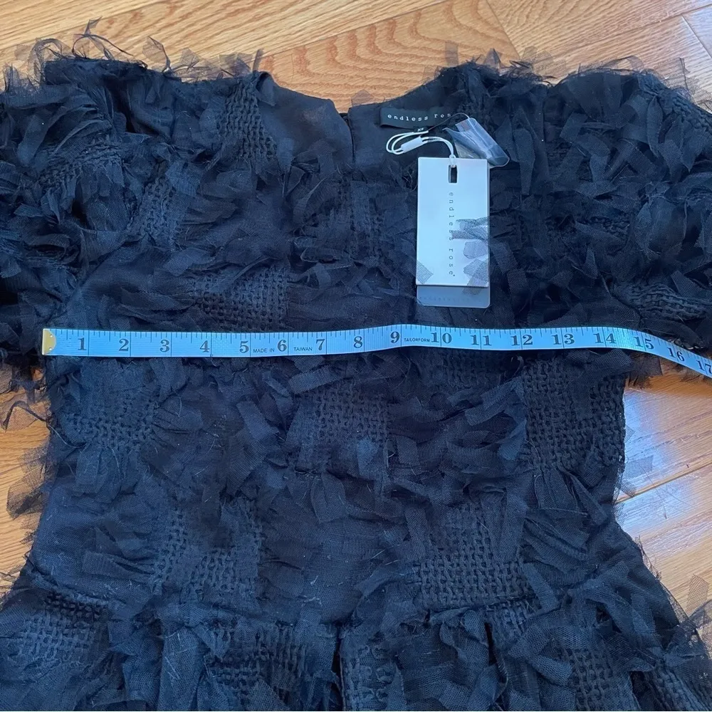Endless Rose Gridded Mesh Feathered Puff Sleeve Mini Dress Black Sz XS - Image 8