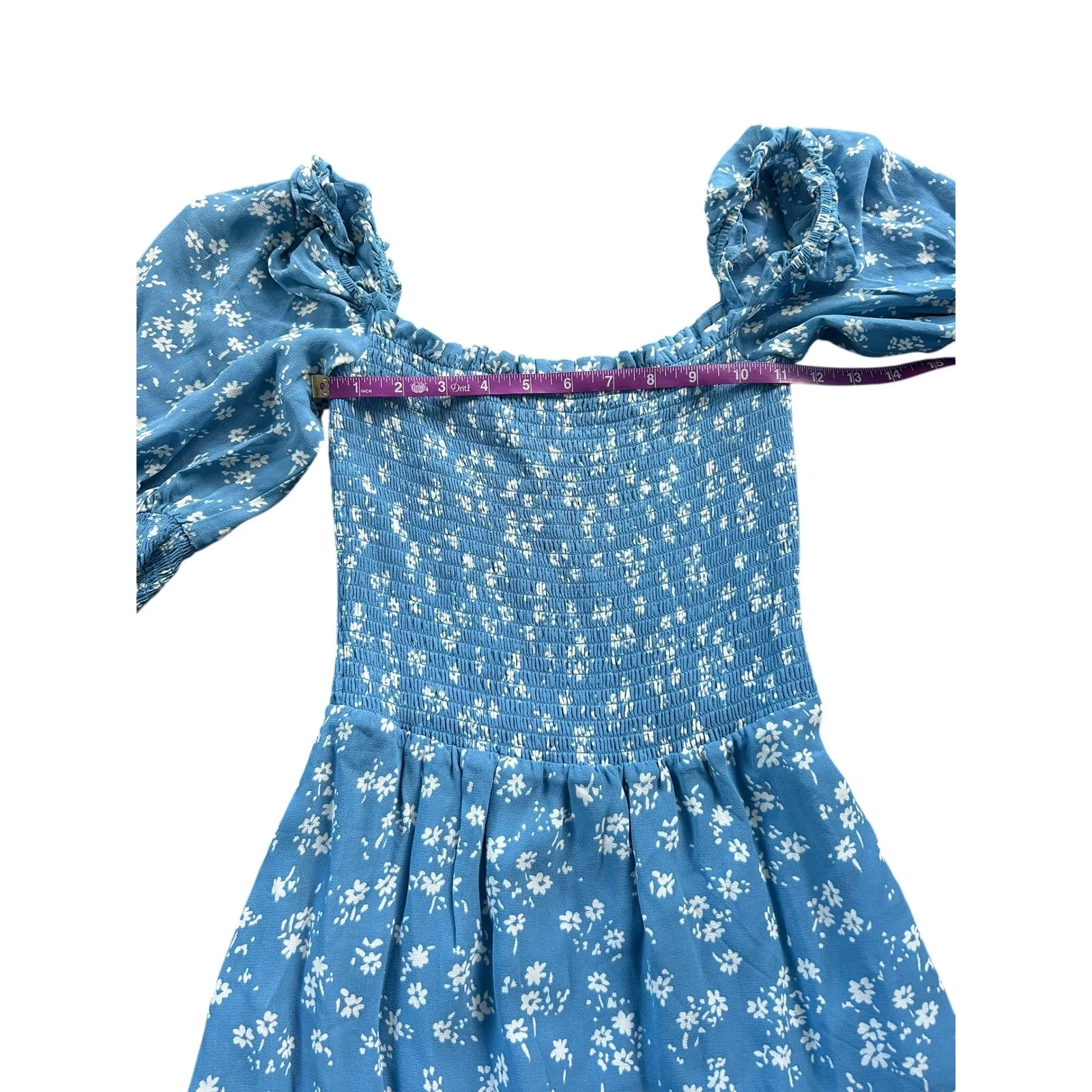 Reformation Elle Blue Floral Smocked Puff Sleeve Square Neck Mini Dress Size 2 - Image 6