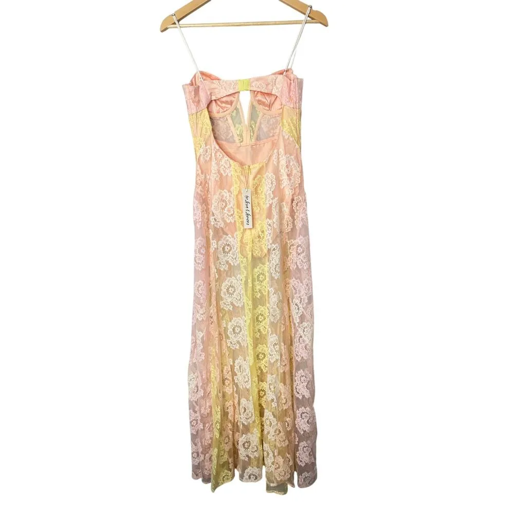 For Love & Lemons Blossom Pink Lemonade Sheer Lace Bodysuit Boho Maxi Dress S - Image 6