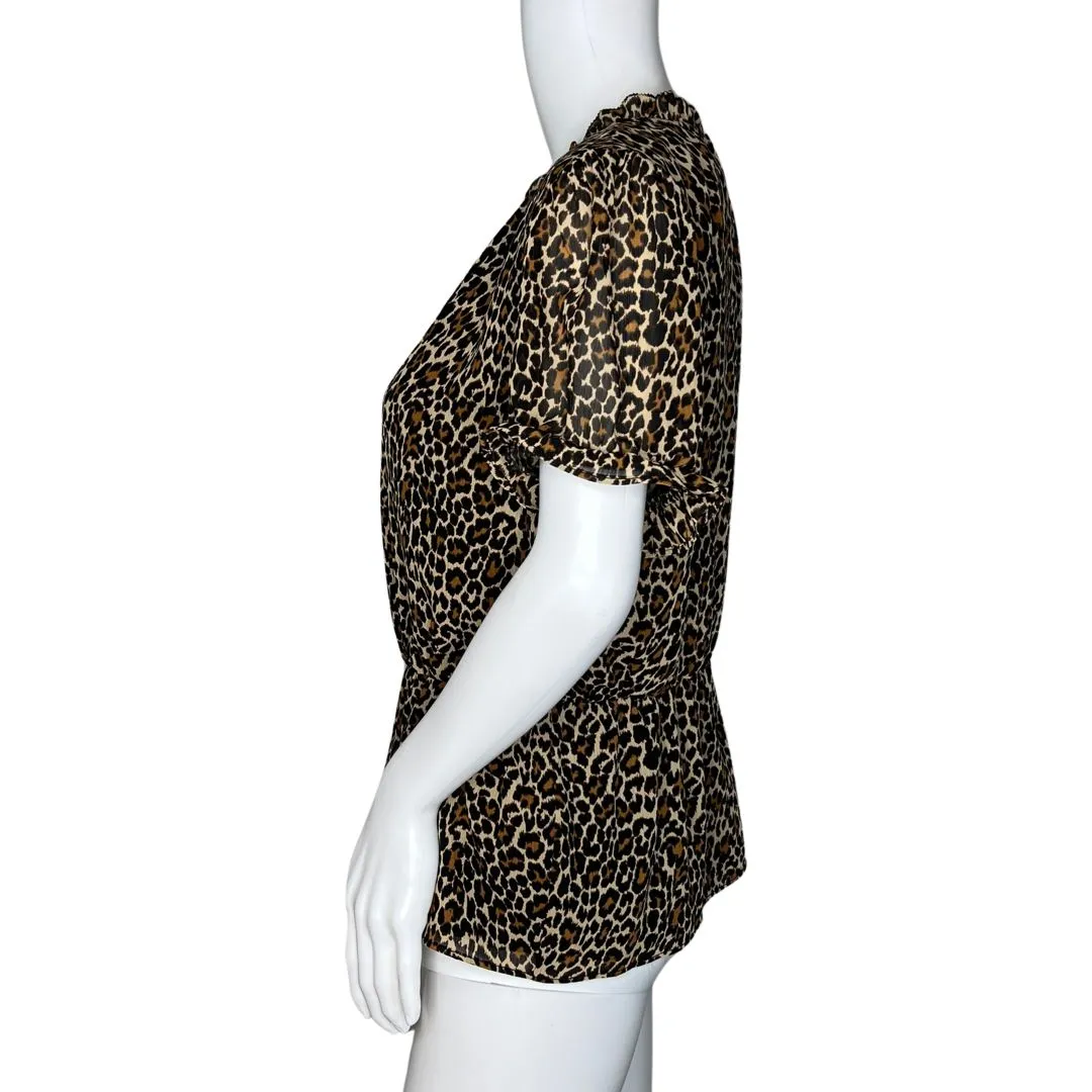 J.Crew Shirt Womens Small Brown Cheetah Print Ruffle Neck Peplum Rockabilly Edgy - Image 3