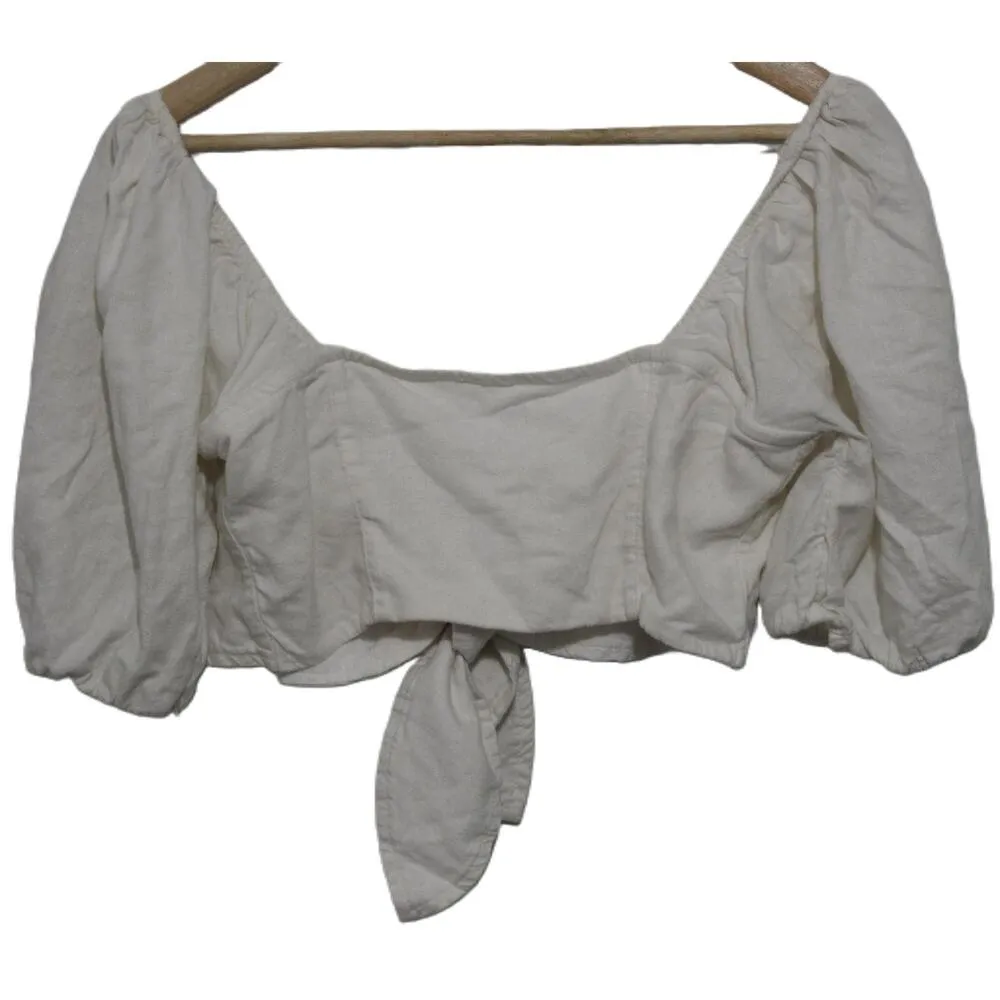 Womens Abercrombie & Fitch White Linen Puff Sleeves Crop Top Size Medium - Image 2