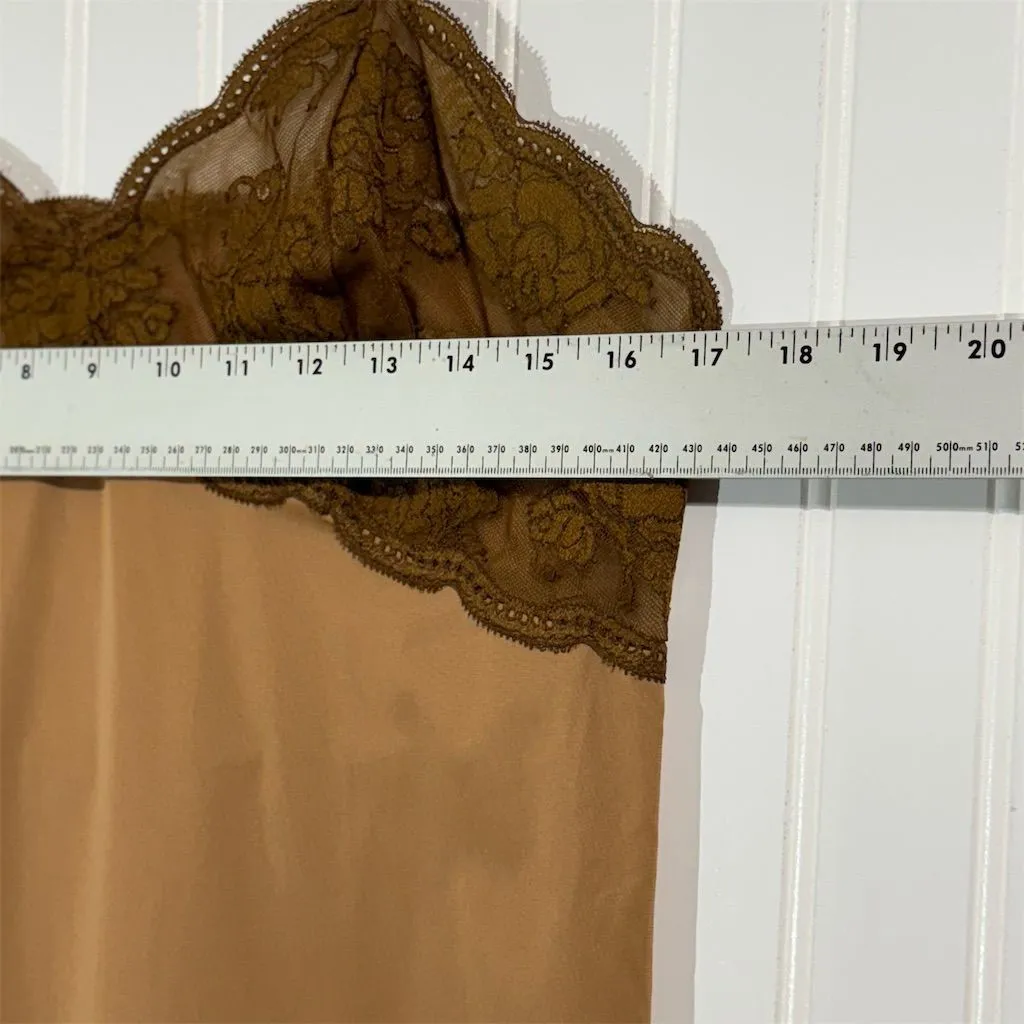 L VTG Vanity Fair Slip Dress 38 Brown Lace Trim Nylon Tricot Coquette Balletcore - Image 4