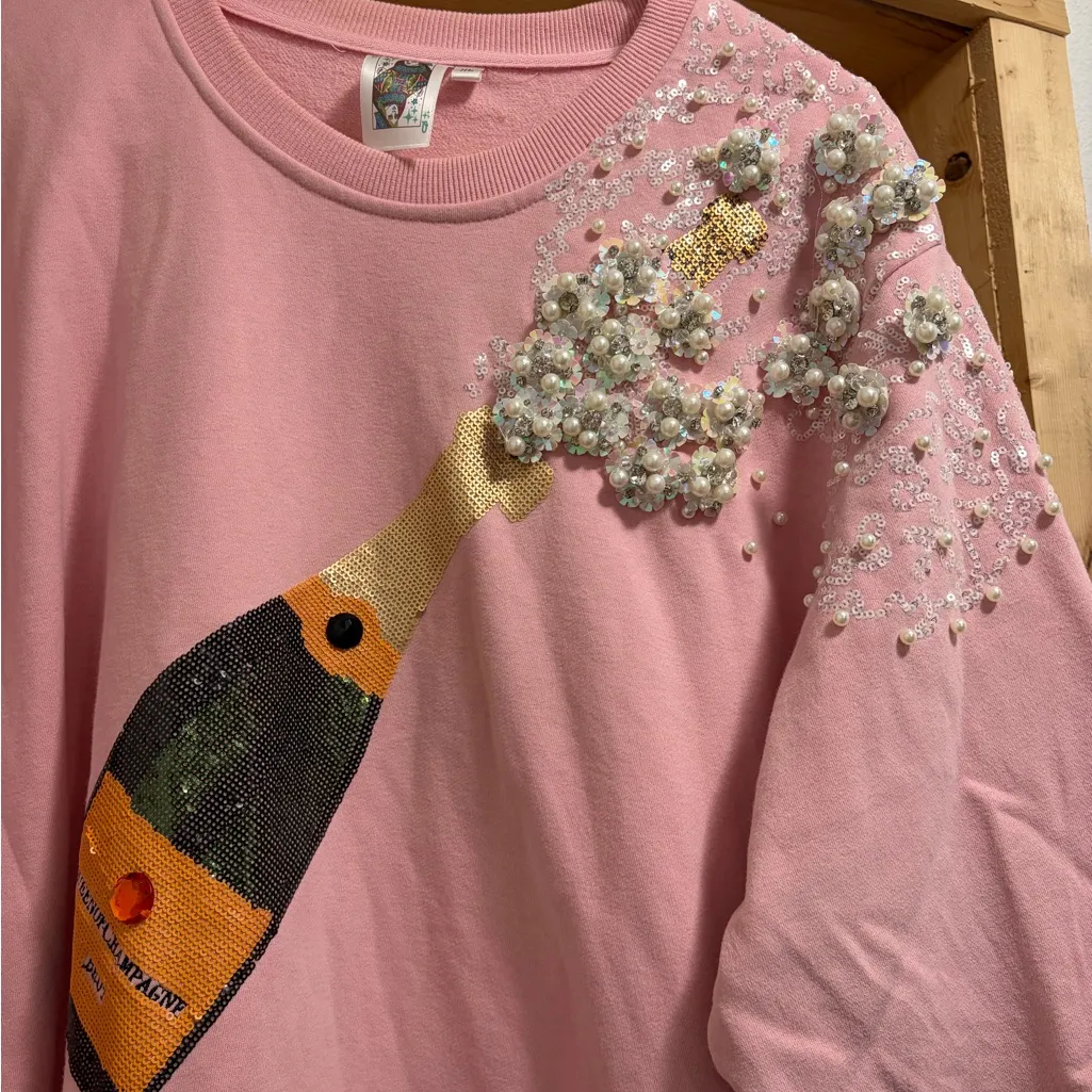 Queen of Sparkles Pink Embellished Sweater with Champagne Design Size XL - Image 2