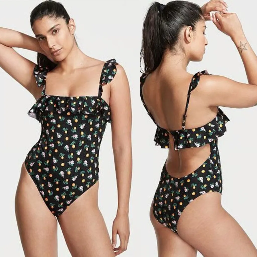 Victoria Secret swim one piece ruffle lemon bathing‎ suit black NWOT size XL - Image 2