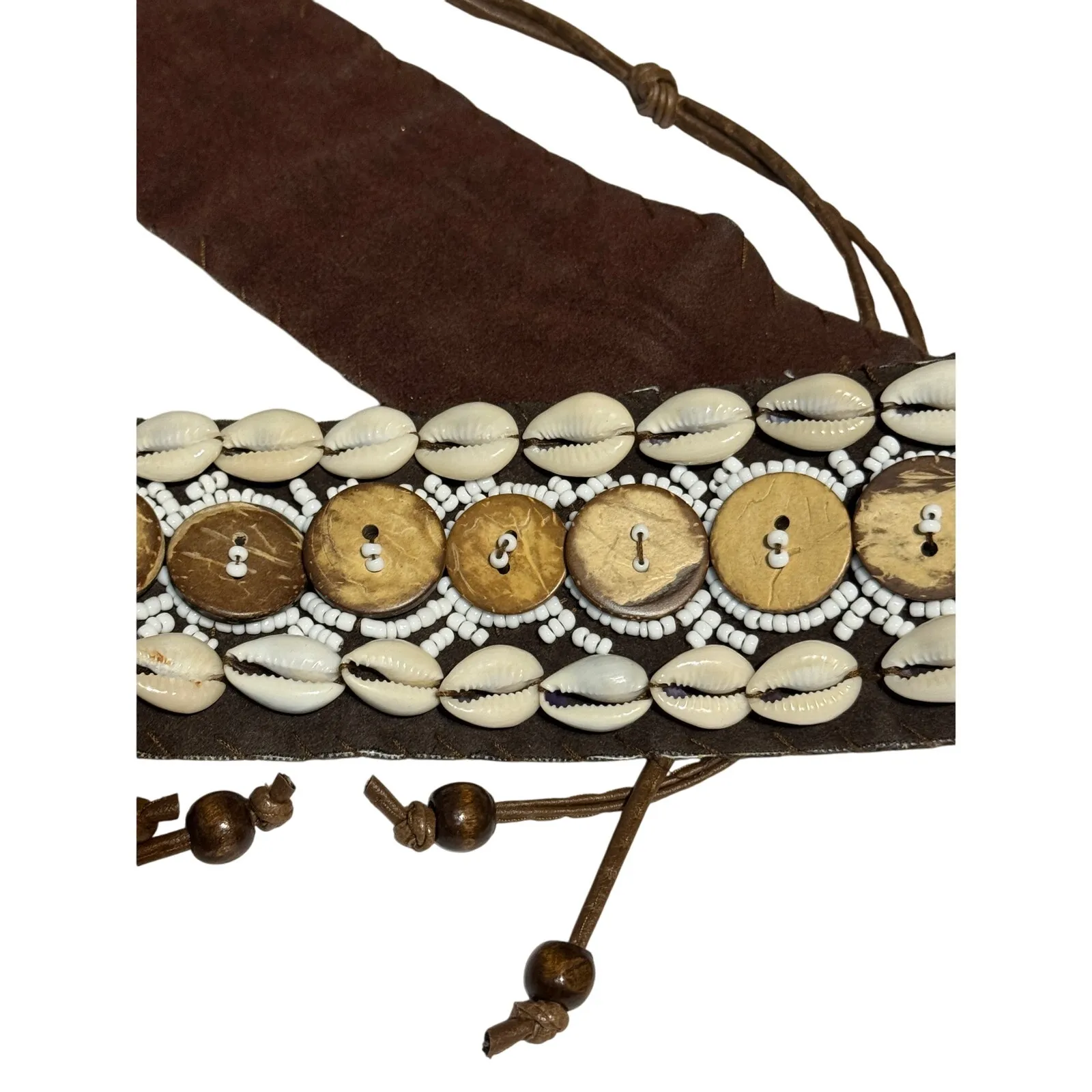 Bohemian · One Size · Tribal Cowrie Shell Wood Beaded Tie Belt · Suede & Cord - Image 3